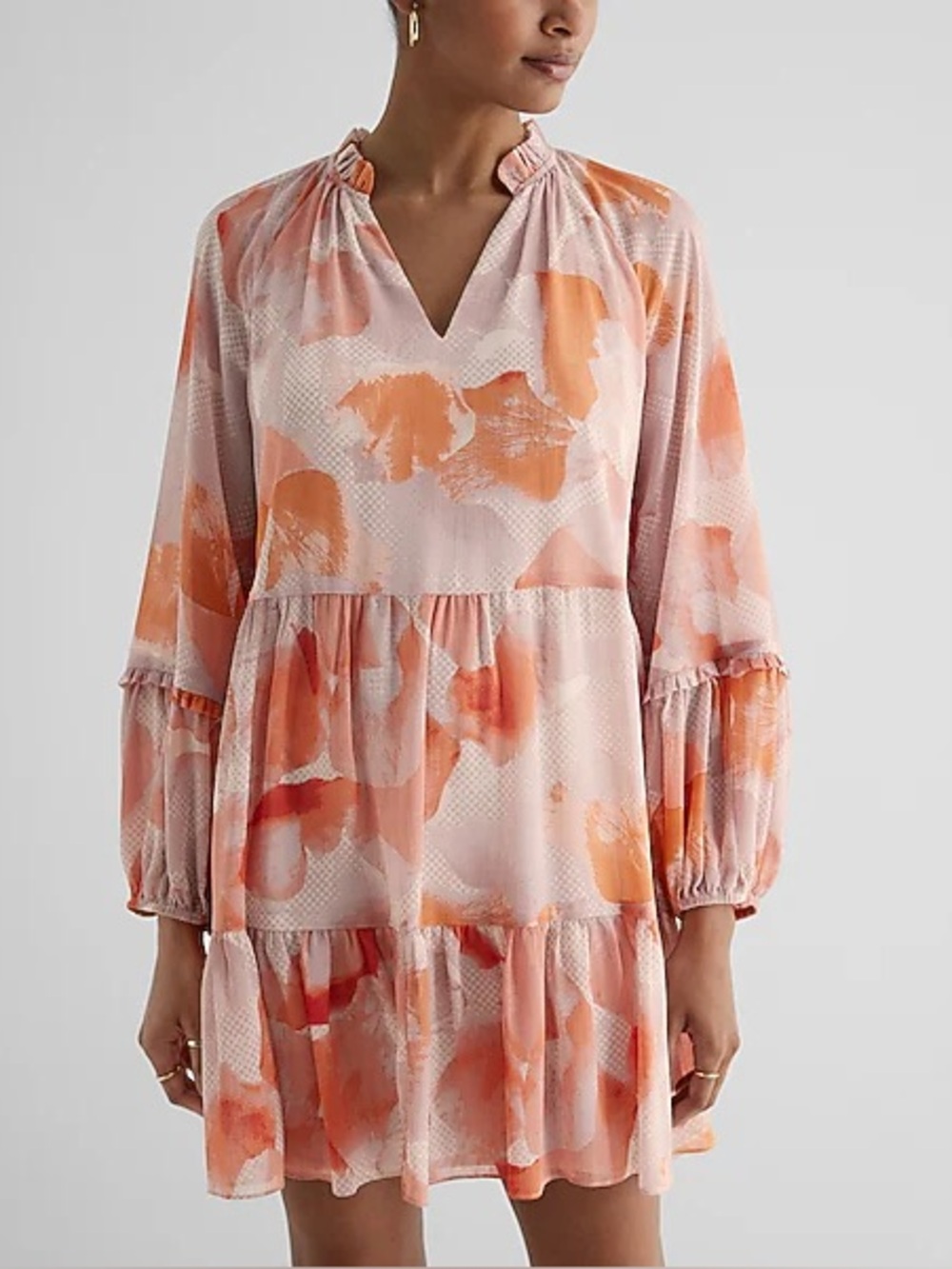 Express Floral Ruffle Neck Tiered Mini Shift Dress Pink Orange NWT‎ Size XS
